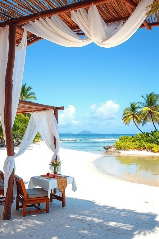 Create a picturesque tropical beach scene featuring a serene, white sandy shore. In the foreground, there's a rustic wooden canopy with white drapes gently flowing in the breeze. Underneath the canopy, a table is set with tropical decor, evoking a sense of relaxation and leisure. The beach extends into a calm, shallow water area with reflections of the sky and surroundings. Palm trees and lush greenery line the edge of the beach, providing a natural, tropical backdrop. The sky is clear with a few scattered clouds, and the overall atmosphere is tranquil and inviting, perfect for a peaceful retreat.