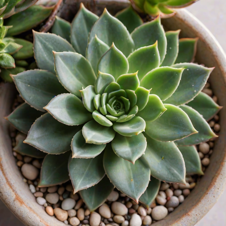Close-up of a succulent plant in a beautifully textured pot, soft light highlighting the vibrant green leaves, with a few pebbles scattered around the base for decoration.