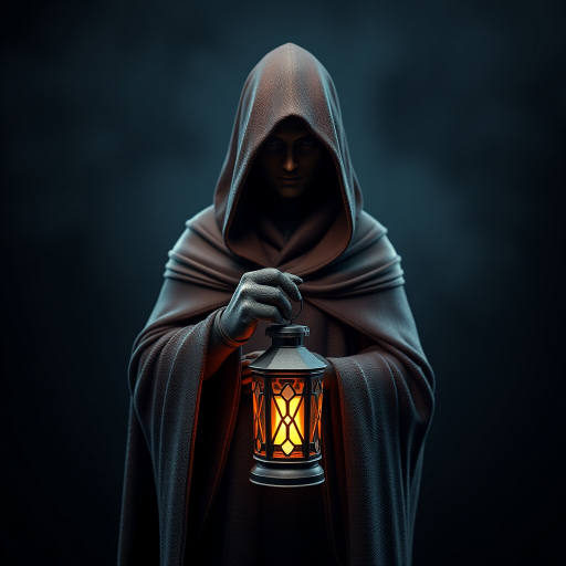 Create a highly detailed 3D rendering of a cloaked figure holding a lantern, set against a dark, moody background, with soft lighting to enhance the textures, using a Canon EOS R5, 85mm f/1.2 lens, ISO 100, aperture f/2.8, and a slight depth of field for a dramatic effect.