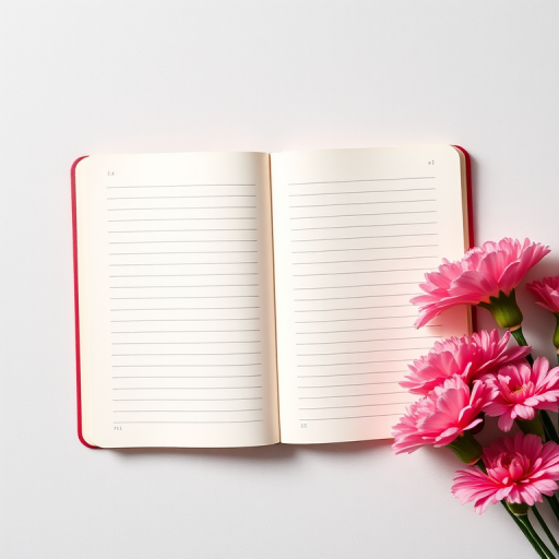 Create a high-resolution image of an open notebook with blank lined pages lying flat, featuring pink carnations on the right side, shot with a Canon EOS R5 at f/2.8, ISO 100, 50mm lens, natural light from the left side, top-down perspective for a crisp and vibrant look.