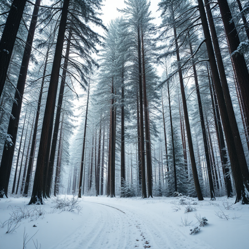 create a snowy forest scene with tall pine trees and a snow-covered path, focus on soft natural lighting, use a Canon EOS R5 with a 24-70mm f/2.8 lens, settings at ISO 100, aperture f/4, shutter speed 1/125 sec, shot from a low angle to emphasize depth and make the forest feel immersive