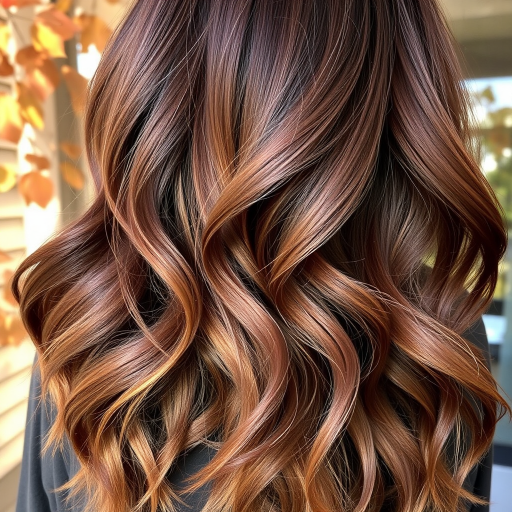 Rich mahogany locks styled in the "Woodland Whisper" fashion flow in loose, tousled waves with subtle copper highlights reminiscent of sunlight filtering through autumn leaves