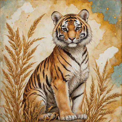 Soft, muted Alcohol Ink with ebru effect background image of tiny whimsical tiger, who climbed high on the top of a golden rye ear.