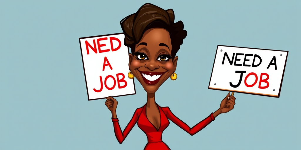 caricature of a smiling Halle Berry in a Scarlet dress or suit, holding up a sign that says "NEED A JOB", no watermark,