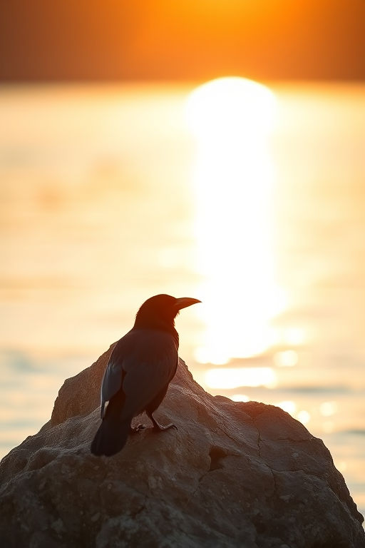 photograph a black raven standing on a rock by the water during golden hour with a shallow depth of field, using a DSLR camera with a 50mm lens at f/2.8, ISO 100, shutter speed 1/200s, capturing natural colors and sharp details in a clear outdoor setting