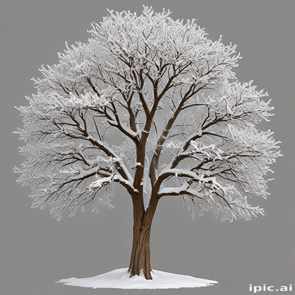 A Beautiful Winter Tree Covered in Snow Against a Gray Background.