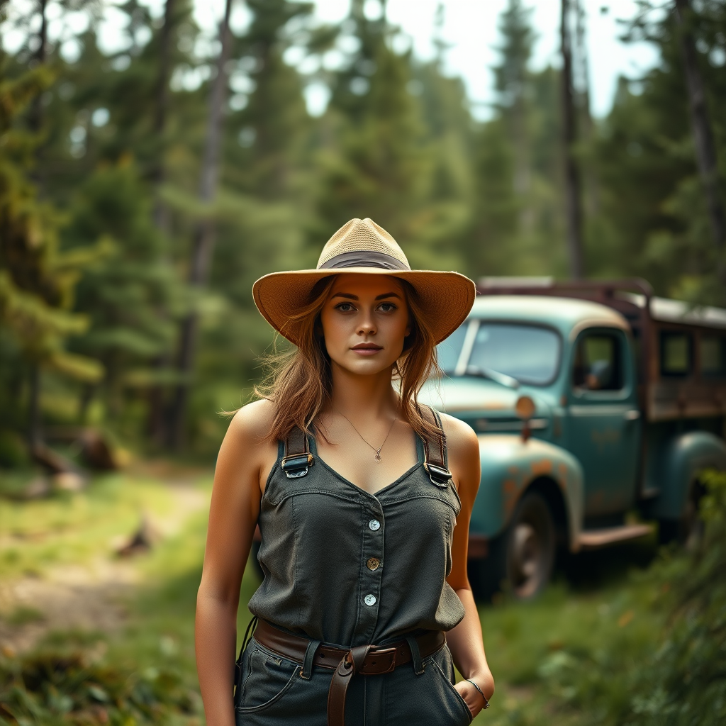 A portrait of a woman in a wide-brimmed hat and an adventurous outfit standing in a lush forest with a vintage truck in the background, captured with a Canon EOS R5, 85mm lens, f/1.8 aperture, ISO 100, natural lighting, and a shallow depth of field for a soft bokeh effect.