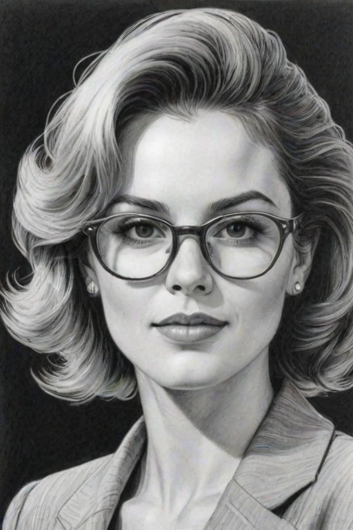 Radiant Crystal Bernard, pencil sketch, portrait of Enticing woman 1980s in glasses, hair style beatnik, outline, clear lines, fine lines, 8k