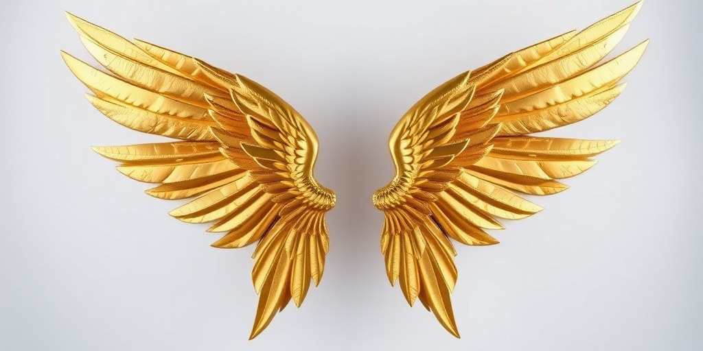 Regenerate a highly detailed and intricate image of golden angel wings positioned symmetrically, using a DSLR camera with a focal length of 85mm, aperture set to f/1.8, ISO 100, in a soft diffused lighting environment, capturing the wings from a slightly elevated angle.