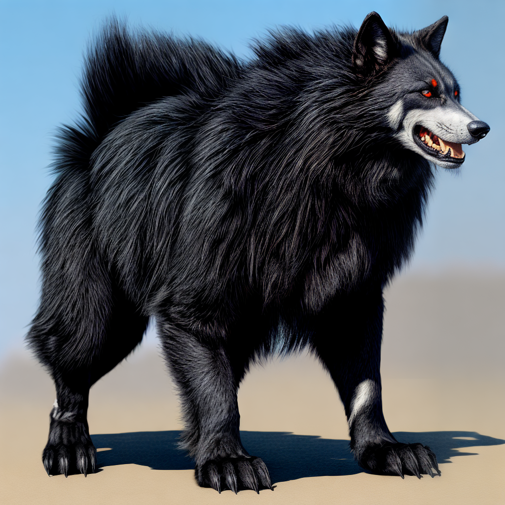 Werewolf with black fur and red eyes, full body
