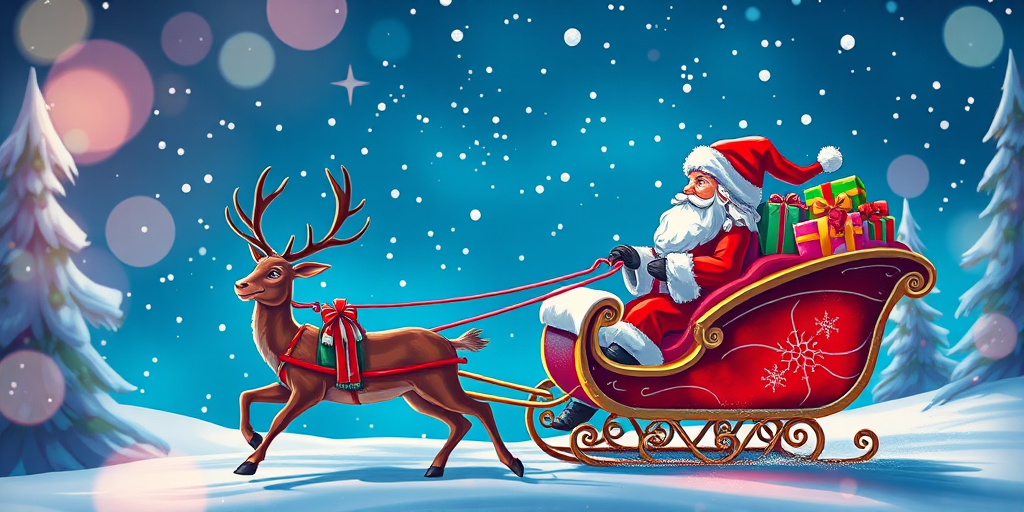 Create a vibrant and festive illustration of Santa Claus in a sleigh filled with colorful Christmas presents being pulled by two reindeer, using a Canon EOS R5 camera with a 50mm lens, f/1.8 aperture, ISO 100, and a bright soft focus effect for enhanced clarity and color saturation.