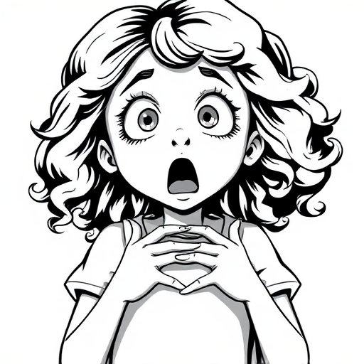 The image is a black and white illustration of a young girl with curly hair. She has a surprised expression on her face with her mouth open and her hands clasped together in front of her chest. Her eyes are wide and her eyebrows are furrowed. Her hair is styled in loose curls that are cascading down her back. The overall mood of the image is one of shock or surprise.