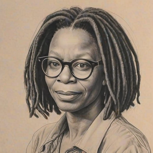 Sublime Whoopi Goldberg, pencil sketch, portrait of Delightful woman 1967s in glasses, hair style beatnik, outline, clear lines, fine lines, 8k