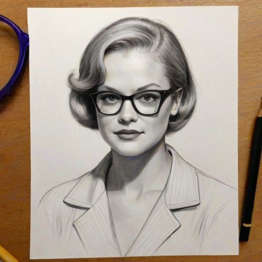Comely Kelsey Grammer, pencil sketch, portrait of Sublime woman 1932s in glasses, hair style beatnik, outline, clear lines, fine lines, 8k