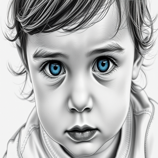 A hyperdetailed photorealistic black and white sketch of a beautiful toddler with deep blue eyes, with a macro focus