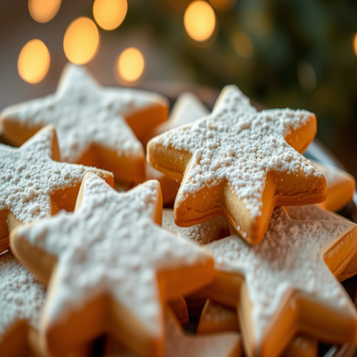 A close-up shot of festive star-shaped cookies dusted with powdered sugar and surrounded by soft bokeh lights, captured with a Canon EOS R5, 50mm lens, aperture f/1.8, ISO 200, shutter speed 1/60s, taken from a high-angle view for a warm, cozy atmosphere.