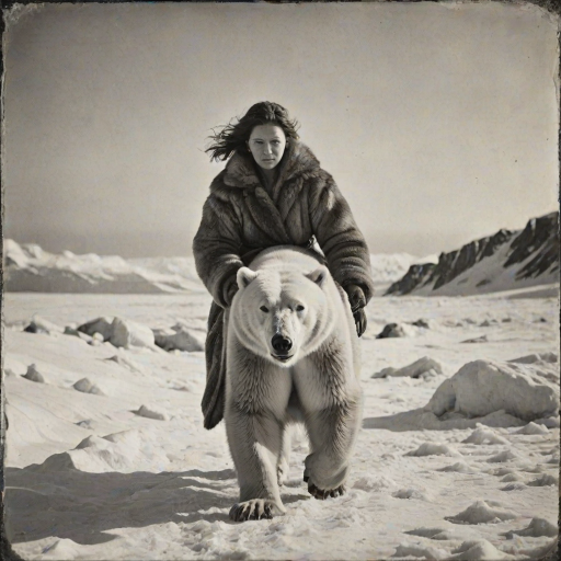 A very old photograph in black and white. The photo is badly damaged, faded, with scratches, tears, smudges and dirt. The photo is ultra-realistic and very detailed. It's a picture of an Arctic warrior. She is walking serenely towards the camera. At her side walks a majestic polar bear. Its fur shines in the sunlight. Snow, ice, sea. wind. snow in the air.