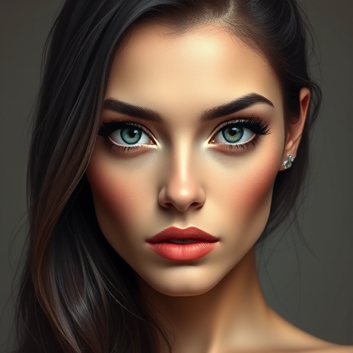 Create a high-resolution digital illustration of a woman with striking features and dark hair, front view, using a Canon EOS R5 camera, 50mm lens at f/1.8, ISO 100, and soft lighting to enhance detail and contrast.