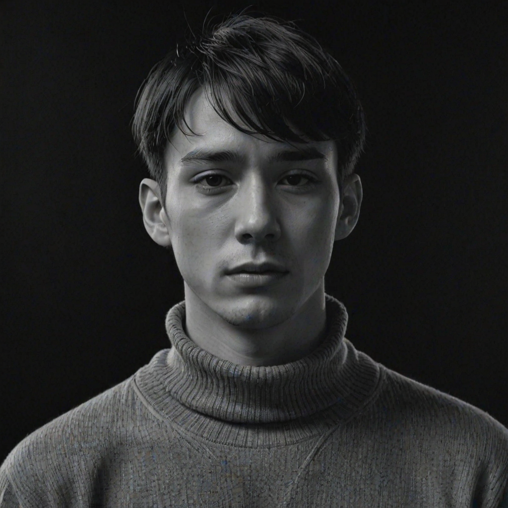 tsurime, 1boy, black background, crying, crying with eyes open, greyscale, looking down, male focus, monochrome, parted lips, portrait, shirt, short hair, simple background, solo, sweat, tears, teeth, turtleneck, turtleneck sweater
