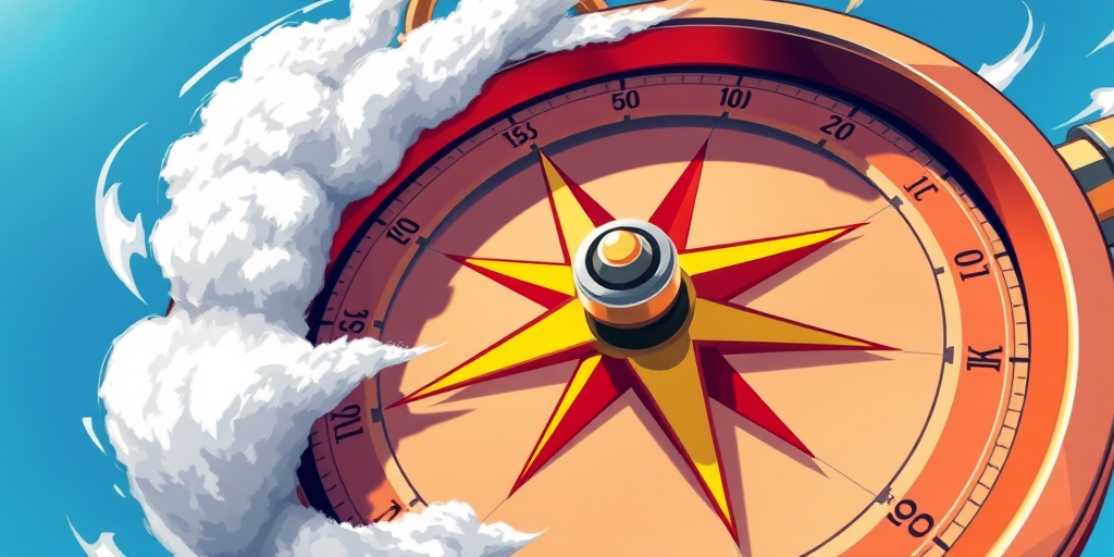 high-resolution digital illustration of a compass at a dramatic angle, with a vibrant red and yellow design and dynamic clouds swirling around, using a DSLR camera with a 50mm lens, aperture f/2.8, ISO 100, shot in natural lighting, focus on details and textures for enhanced clarity