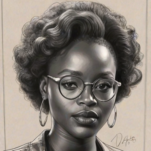 Dazzling Lupita Nyong'o, pencil sketch, portrait of Superb woman 1949s in glasses, hair style beatnik, outline, clear lines, fine lines, 8k