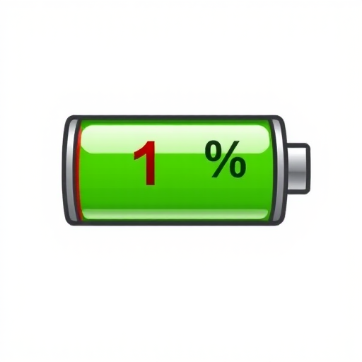A simple illustration of a battery icon showing 1 percent charge with a red section indicating low battery on a plain white background.