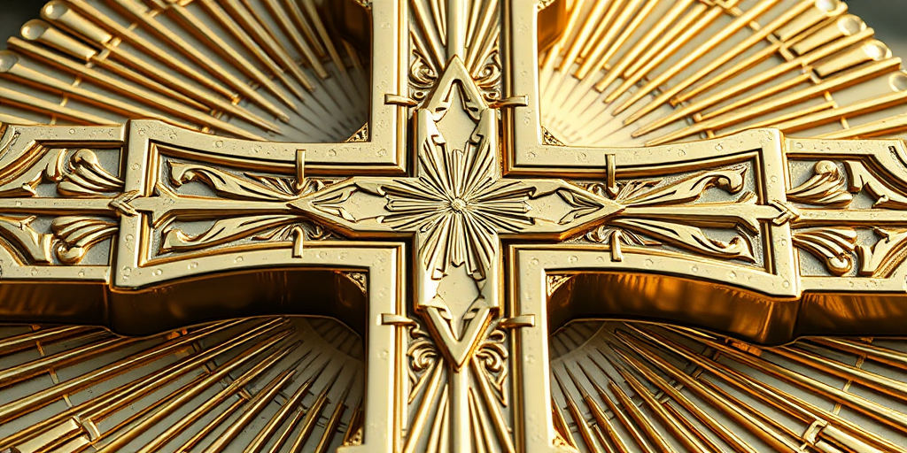 Create a highly detailed digital illustration of a golden cross with intricate lines and textures, shot with a Canon EOS 5D Mark IV, 50mm lens, f/1.8 aperture, 1/200s shutter speed, in natural soft daylight to enhance reflections.