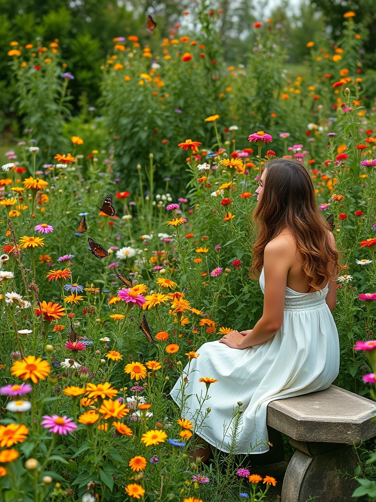 Overgrown garden filled with wildflowers, a woman in a simple white dress sits on an old stone bench, admiring the vibrant blooms, with butterflies flitting around her.