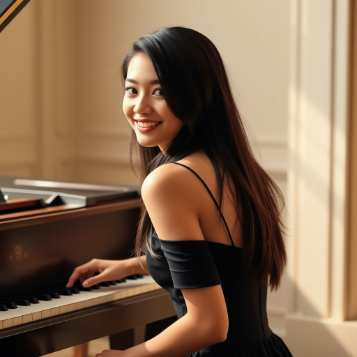 A young woman with long, dark hair smiles at the viewer as she sits at a grand piano, her right hand poised over the keys. The scene is lit by warm, natural light, highlighting the elegant simplicity of the woman's black dress. The perspective is from the side, emphasizing the contrast between the woman's delicate form and the grand scale of the piano. The ivory keys and dark wood of the piano create a striking visual contrast, further emphasized by the rich black of her dress.