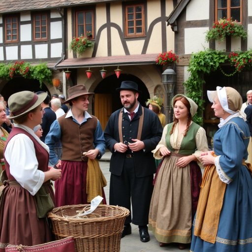 Historical reenactment, featuring men and women dressed in period clothing, engaging in lively conversation and traditional crafts at a picturesque village square, with vintage decorations surrounding them.
