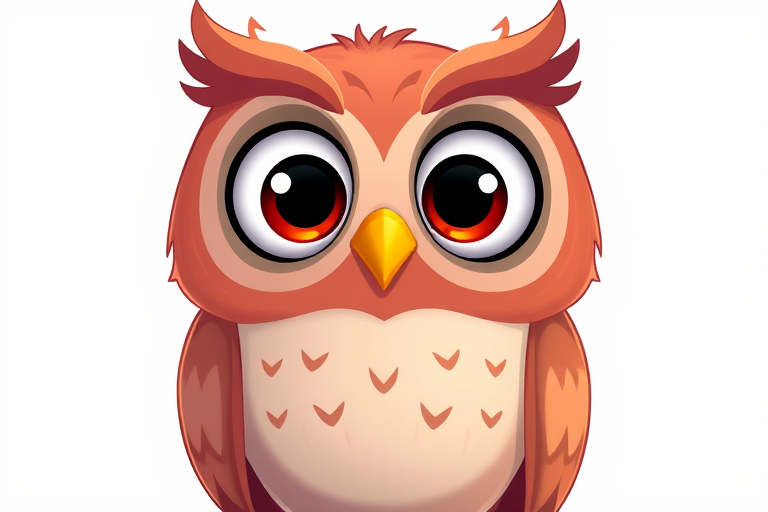Create a high-resolution illustration of a cartoon owl with large eyes and a friendly expression, using a soft focus lens, 50mm focal length, f/2.8 aperture, and vibrant colors on a transparent background.