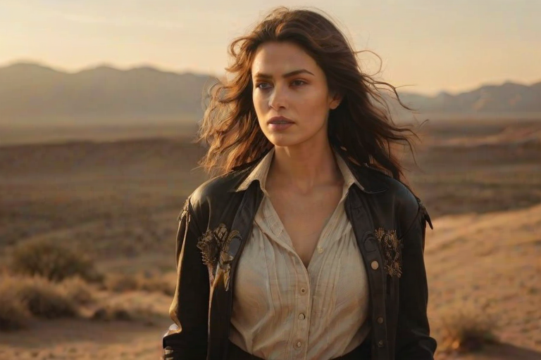 Dramatic photo of a beautiful Circassian woman, classic cowboy attire, confident and free spirit expression, half-length portrait, centered, golden hour desert landscape, warm, diffused light, low angle, medium format film camera, in style of Annie Leibovitz.