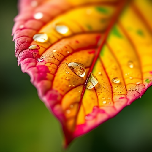 macro shot of a colorful leaf with water droplets, shallow depth of field, f/2.8 aperture, 100mm lens, ISO 200, natural lighting, Canon EOS 5D Mark IV