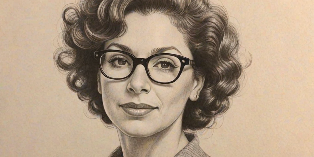 Stunning Rhea Perlman, pencil sketch, portrait of Attractive woman 1948s in glasses, hair style beatnik, outline, clear lines, fine lines, 8k