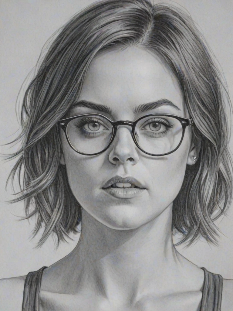 Bewitching Jessica Stroup, pencil sketch, portrait of Captivating woman 1922s in glasses, hair style beatnik, outline, clear lines, fine lines, 8k