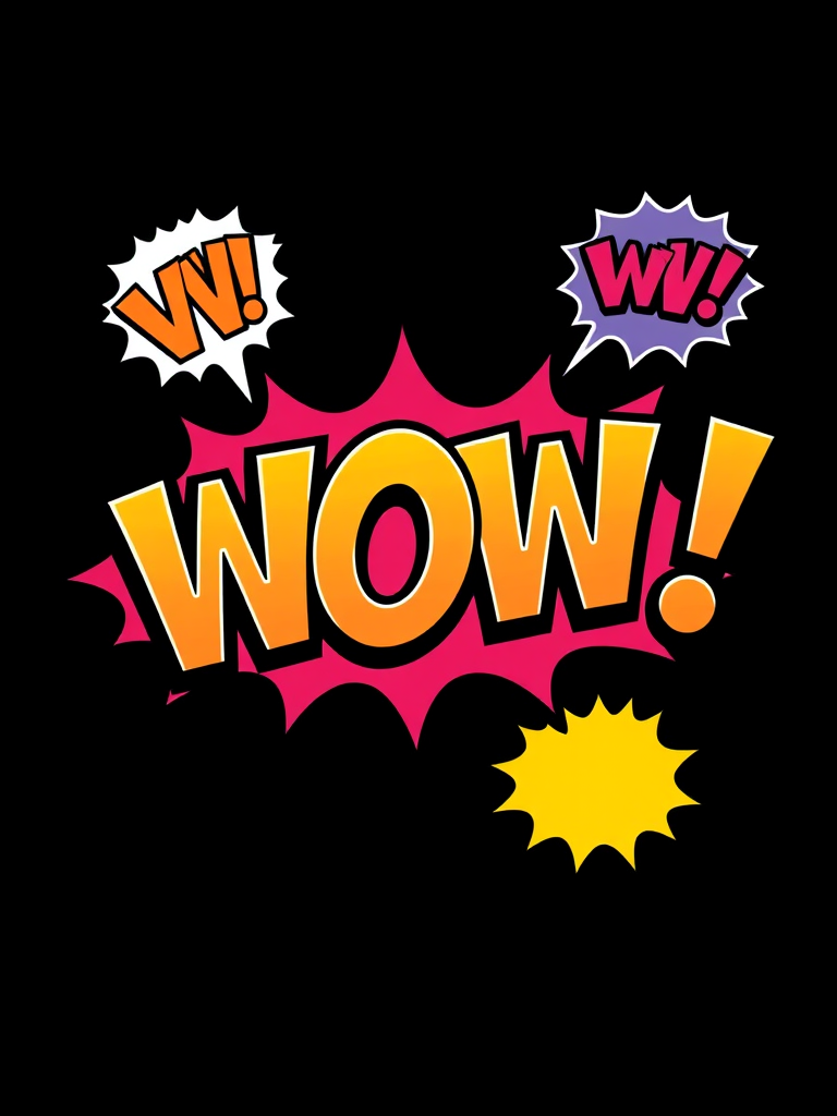 Create a vibrant pop art style image featuring the word "WOW!" in bold, colorful comic book speech bubbles with a black background, using a DSLR camera with a 50mm lens, f/2.8 aperture, ISO 200, and a slight vignette effect for enhanced detail and contrast.