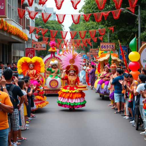 Colorful parade, with floats and performers dressed in vibrant costumes, people cheering along the route, and festive decorations adorning the street, capturing a sense of celebration.