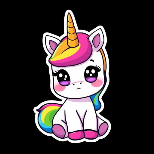 sticker design, black background, rainbow baby unicorn, cartoon figure, expressive big pupils, innocent expression, vibrant colors, very cute, long eyelashes, sitting on the ground, baby small body, baby head
