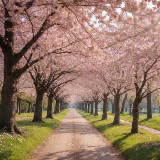 Soft-focus image of a path lined with cherry blossom trees in full bloom, soft pink petals gently falling to the ground, with sunlight filtering through the branches.