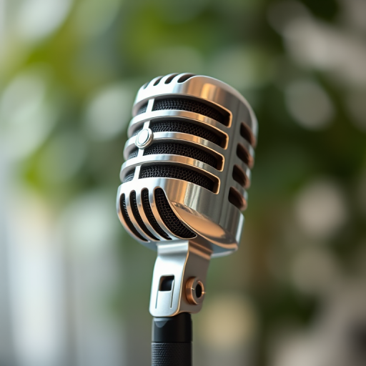 high-quality close-up of a silver microphone on a stand with a blurred background, shot in natural light, f/2.8 aperture, 1/100 sec shutter speed, ISO 200, DSLR camera, shallow depth of field