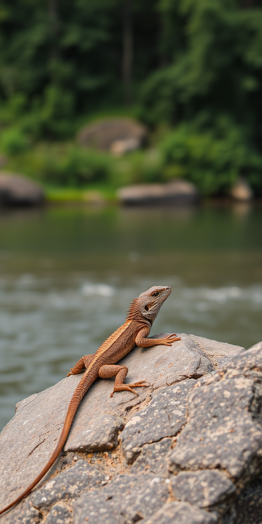 Lizard resting on a rock by a river, lush greenery in the background, captured with a DSLR camera, 50mm lens, aperture f/2.8, ISO 100, natural light, shallow depth of field for enhanced focus on the lizard.