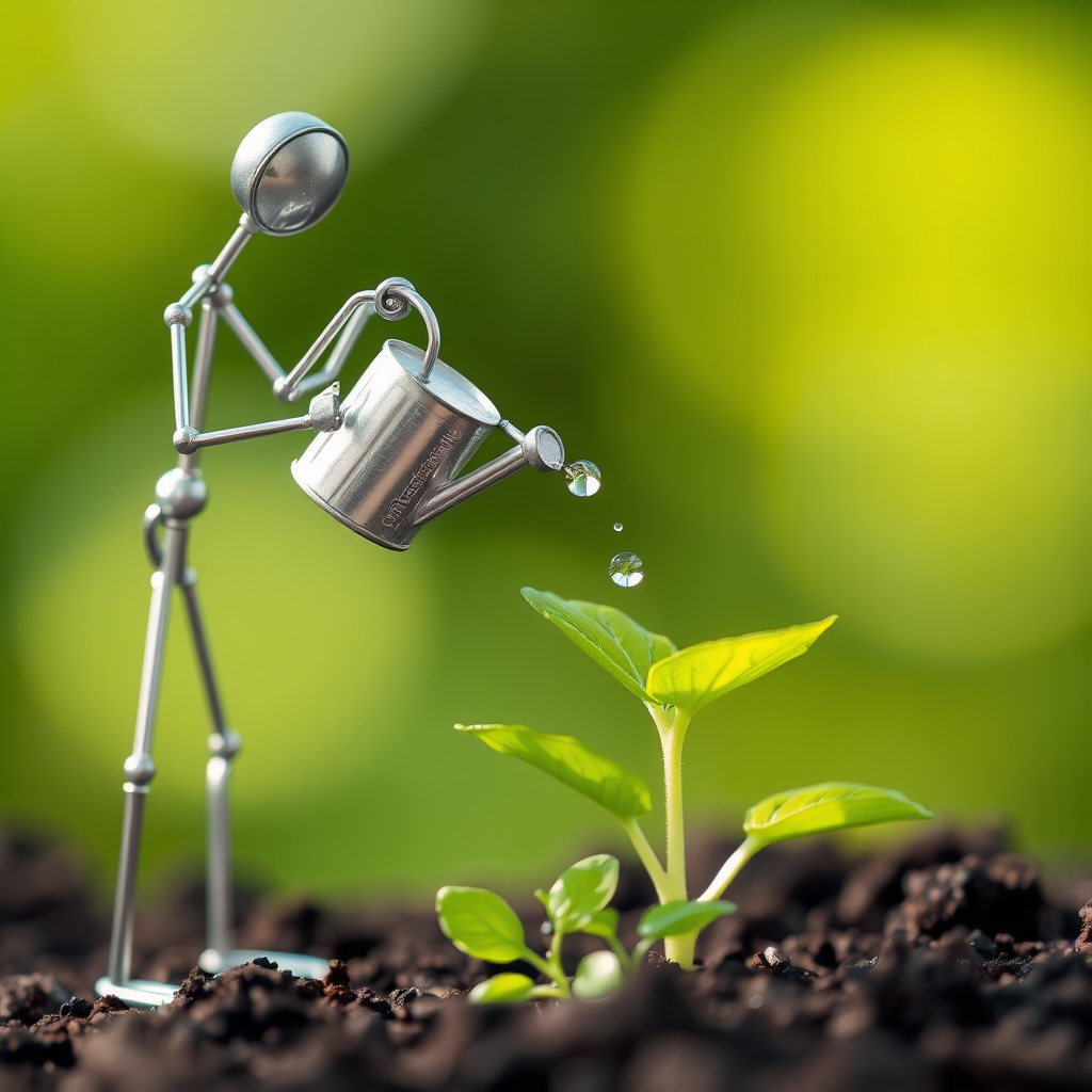 A metal figurine of a person, constructed from thin, silver rods, stands on the left side of the image, facing the viewer. The figurine is holding a small watering can and pouring water onto a young plant, with a few droplets in the air. The plant, with lush green leaves, is situated in the center, growing from dark soil. The background is a soft, out-of-focus blur of green, illuminated by warm, natural light.  The composition creates a sense of depth and intimacy. The image evokes feelings of growth, nurture, and hope.