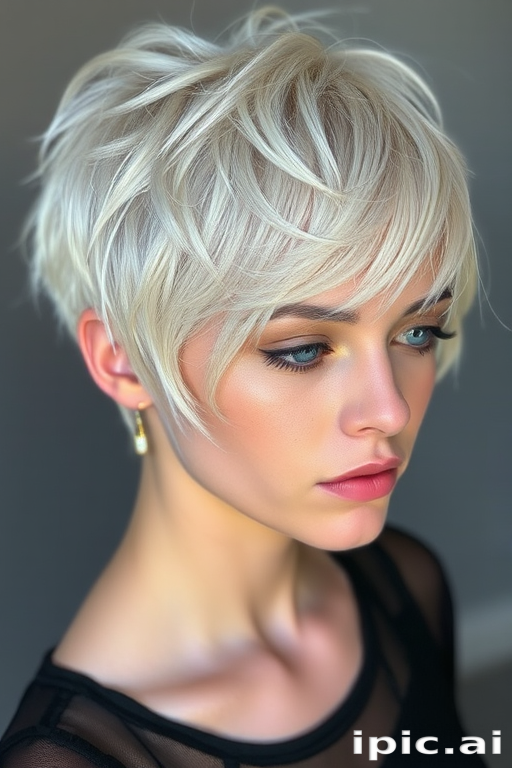 Ethereal platinum blonde pixie cut with delicate silver streaks, created by Celeste Moonbeam, showcasing wispy bangs and textured layers, adorned with iridescent glitter and tiny crystal hair pins