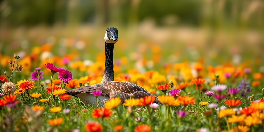 A Canada goose resting among vibrant wildflowers in a sunny field, shot with a Canon EOS R5, 85mm lens, aperture f/2.8, ISO 200, soft-focus background for depth, natural lighting.