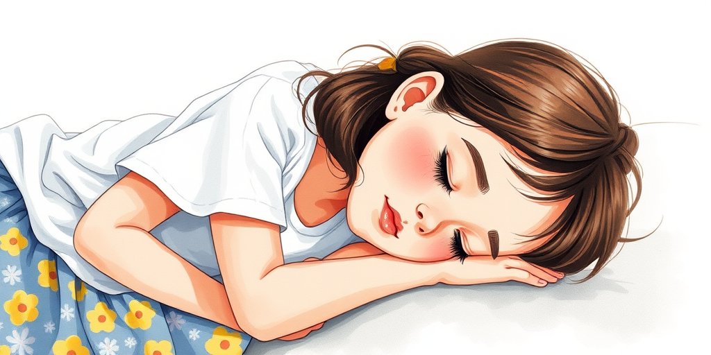 Create an illustration of a young girl sleeping on her side, wearing a simple white t-shirt and a patterned skirt with yellow flowers, using watercolor style, soft focus, shot with a Canon EOS R5 at f/2.8, 50mm lens, natural light to enhance soft shadows and colors.