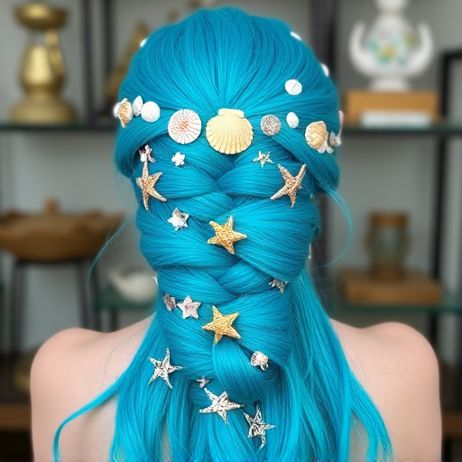 Vivid turquoise hair arranged in an intricate mermaid braid adorned with tiny seashells and starfish accessories, cascading down to the waist for a magical underwater allure called Lagoon Enchantress