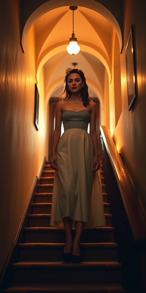 Generate an image of a woman in a vintage outfit standing on a staircase in a dimly lit hallway with arched architecture, using a full-frame camera at f/1.8, ISO 100, with a 50mm lens, capturing a warm golden light and soft shadows for a dramatic effect.