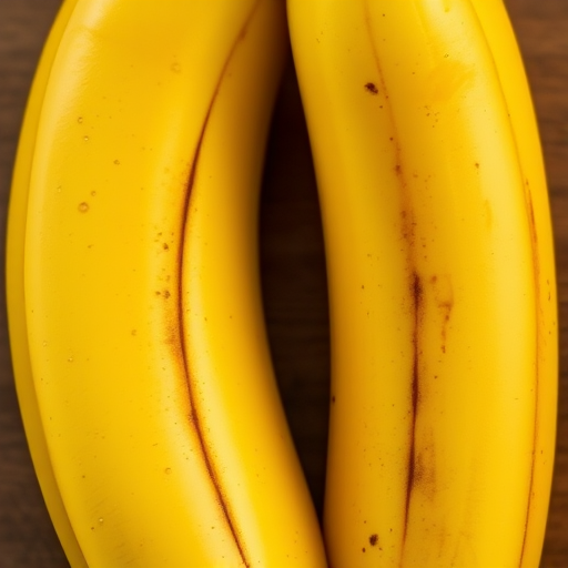 Create a high-resolution image of two ripe bananas with a glossy finish, using a macro lens at f/2.8, ISO 100, and a shutter speed of 1/250 sec, captured from a top-down view with natural lighting.