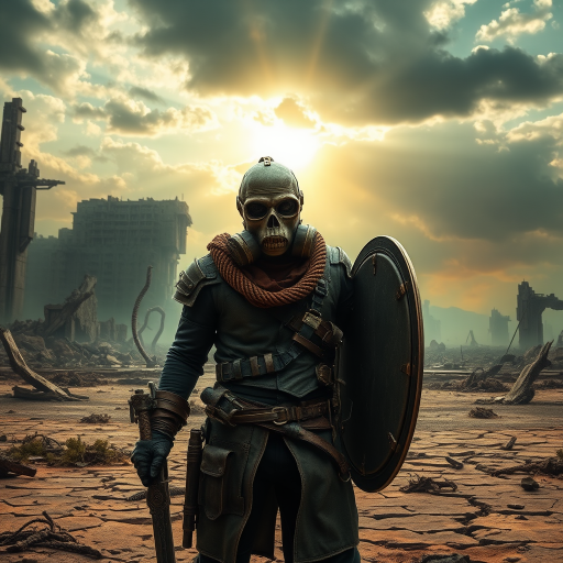 A post-apocalyptic wasteland with a lone figure, The Last Warden, standing in the foreground. He wears a skull-like gas mask, with cracked lenses, and a rugged mix of leather and scavenged armor. His attire is weathered and patched, showing signs of long battles and harsh environments. In one hand, he holds a sword made from broken steel, and in the other, a shield made from scrap metal. The background features a desolate landscape with crumbling ruins of a once-thriving city, shrouded in toxic green and orange haze. The ground is cracked, with dead vegetation and twisted remnants of civilization. The sky is ominous, with dark clouds and faint rays of sunlight breaking through, symbolizing a glimmer of hope in the midst of despair. Increase the brightness of the background, making the sunlight more prominent and casting more light on the ruins and the figure to enhance the sense of hope in the scene.