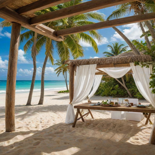 Create a picturesque tropical beach scene featuring a serene, white sandy shore. In the foreground, there's a rustic wooden canopy with white drapes gently flowing in the breeze. Underneath the canopy, a table is set with tropical decor, evoking a sense of relaxation and leisure. The beach extends into a calm, shallow water area with reflections of the sky and surroundings. Palm trees and lush greenery line the edge of the beach, providing a natural, tropical backdrop. The sky is clear with a few scattered clouds, and the overall atmosphere is tranquil and inviting, perfect for a peaceful retreat.